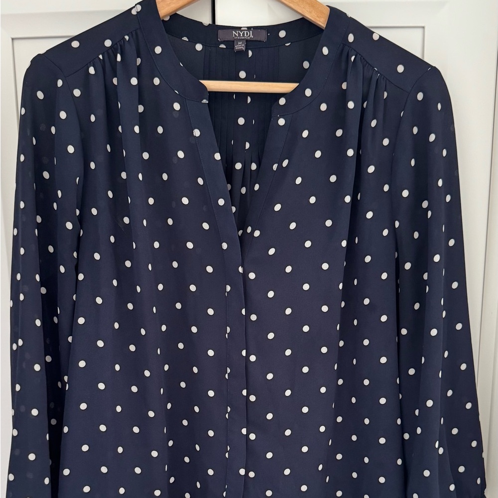 NYDJ Navy Polka Dot Blouse Size M | Hidden Button Front 3/4 Sleeve Work Top